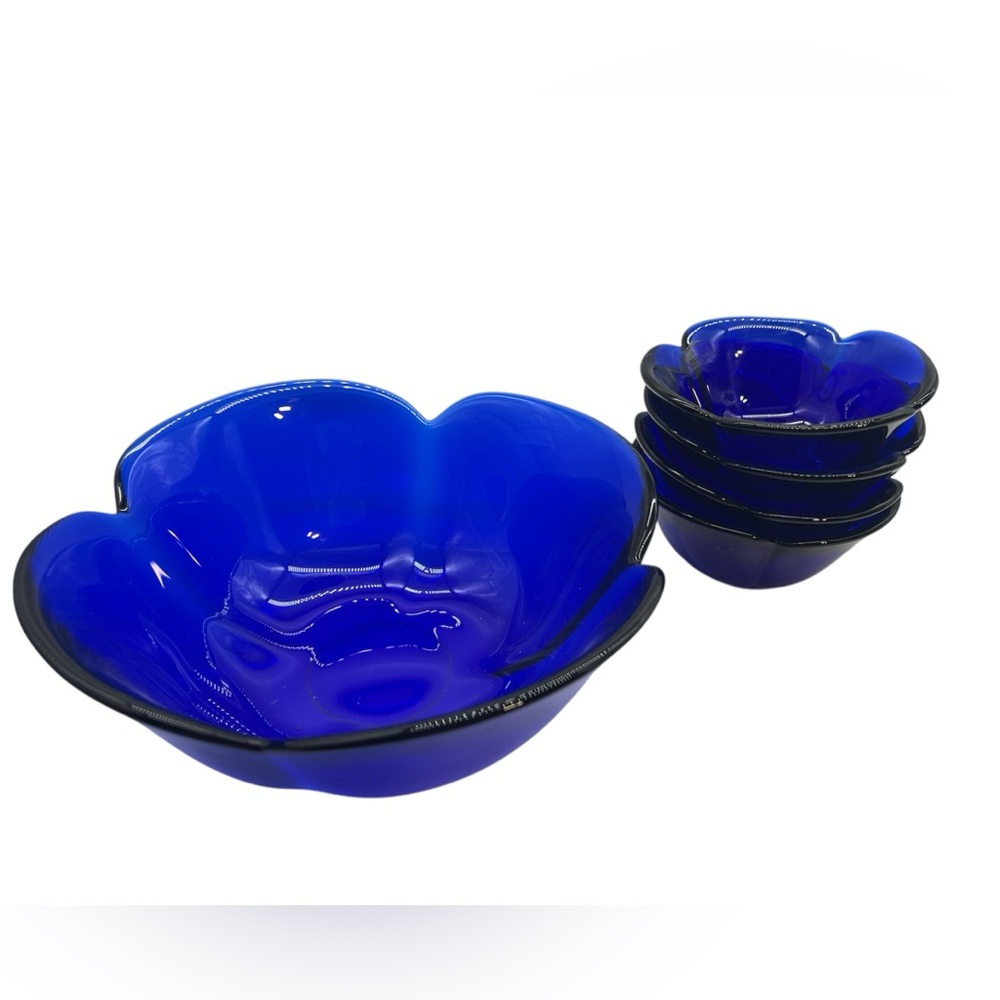 70's Italian Blue Flower-Shaped Bowls/ Rare Cobalt Glass Dessert/Salad Italy